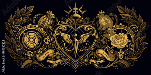 Vintage ornate gold heraldic crest with heart and wings, vector