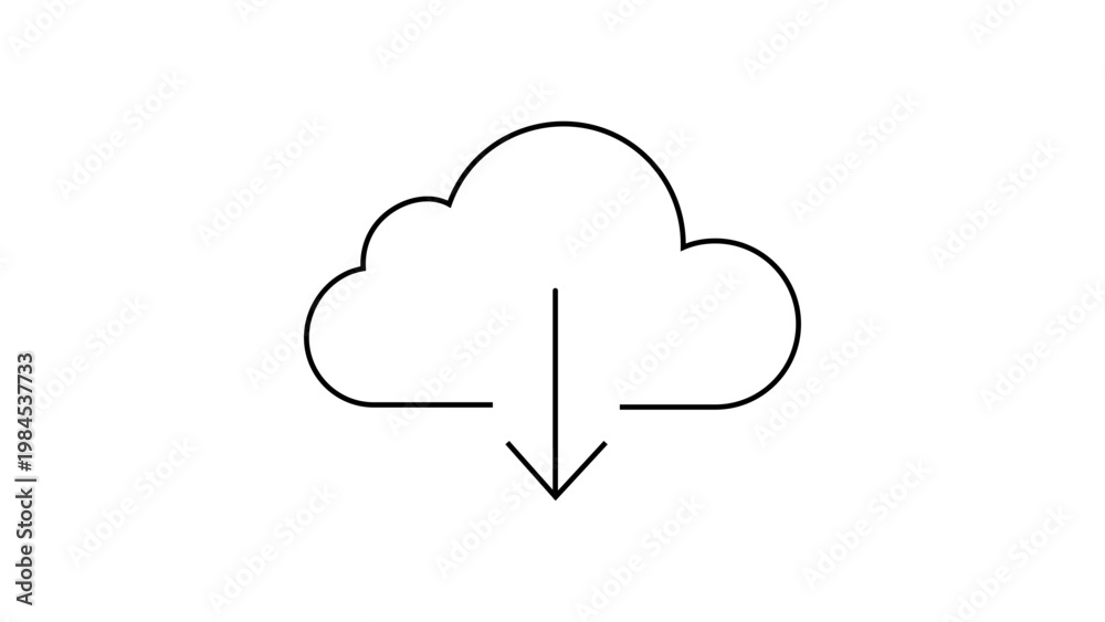 Obraz premium Cloud Download Vector Icon: A Minimalist Black Line Illustration of a Cloud with a Downward Arrow, Perfect for Web Design, Data Storage, and Digital Technology Concepts on a White Background.