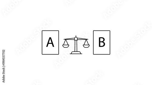 Φωτογραφία A/B Testing minimalist black line vector icon illustration on white background, featuring two vertical rectangles labeled A and B with a balance scale in between for marketing optimization
