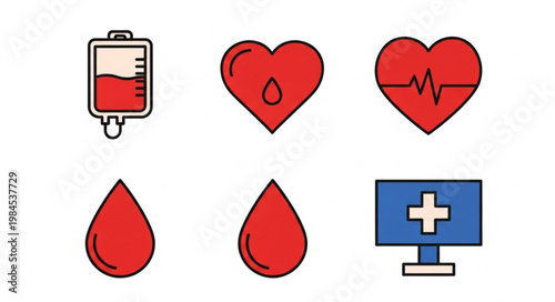 Medical icons representing blood donation and heart health.