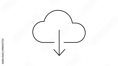 Foto Minimalist black line vector icon of a cloud with a downward arrow on a white background, representing cloud download, data storage, and file transfer