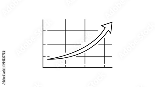 Minimalist black line vector icon illustration of an upward curving arrow on a coordinate grid, representing business growth, financial success, positive analytics, and market trends on white.