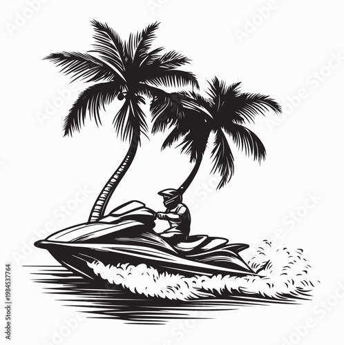 Jetski On Tropical Beach With Coconut Tree Silhouette Vector