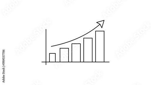 Minimalist black line vector icon illustration of a rising bar chart with an upward arrow on a white background, symbolizing business growth, financial success, progress, and data analysis.