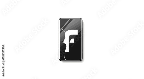 Minimalist smartphone design featuring letter F and a silhouette, black and white color scheme
