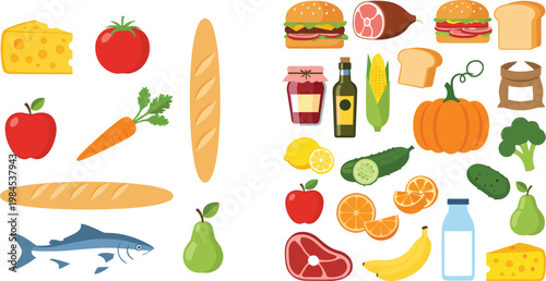 Fresh food and grocery vector illustration set with fruits, vegetables, bread, meat, fish, dairy products and healthy organic ingredients collection