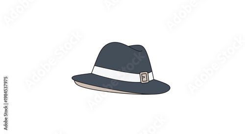 Stylish fedora hat illustration with a white band, buckle and a simple color scheme
