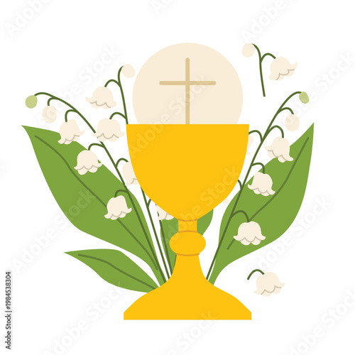 holy communion chalice and ily of the valley flowers; design element for first holy communion invitations and greeting cards - vector illustration