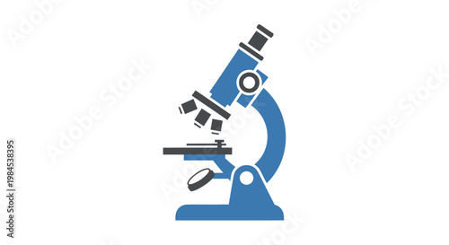 Illustration of a blue and black microscope on a white background for scientific research