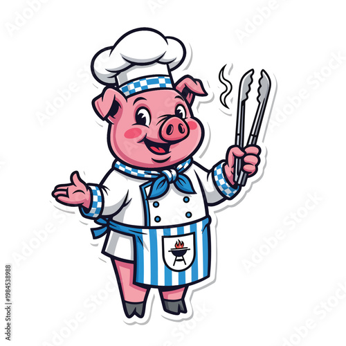 Cartoon pig chef wearing a toque and apron holding barbecue tongs.