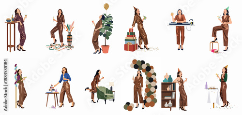 Set of diverse flat illustrations of a joyful woman in a brown jumpsuit celebrating at various party settings with drinks, music, and gifts.
