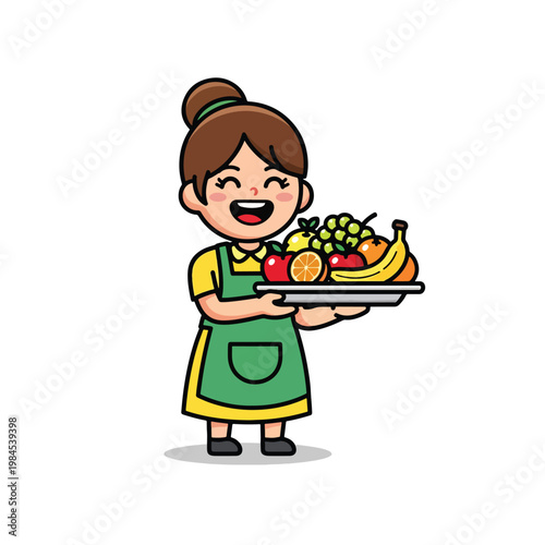 Cute Cartoon Girl Character Serving a Platter of Fresh Fruits.
