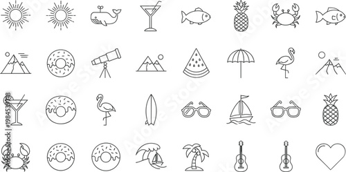 Summer vacation outline icon set with beach elements, sea animals, travel symbols, cocktails, sun, palm trees and holiday line vector collection
