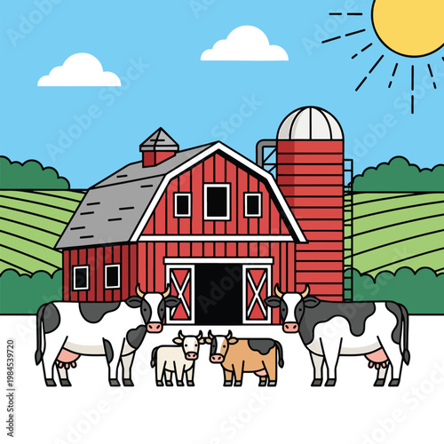 Family of dairy cows standing in front of a red farm barn.
