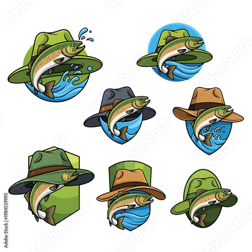 Set of fishing emblems featuring jumping trout and various outdoor hats.