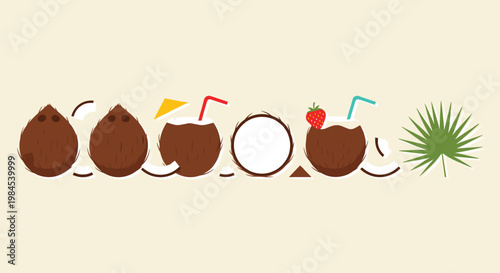 Vector Set of Tropical Coconut Drinks with Straw, Fruit Garnish, and Palm Leaves for Summer, Vacation, and Beach Party Themes