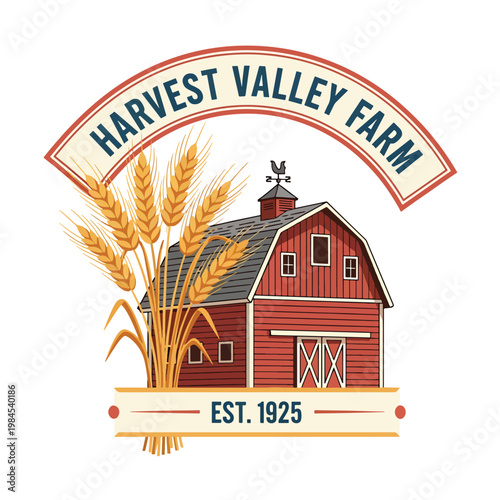 Vintage Farm Emblem Featuring Red Barn and Wheat Sheaves.