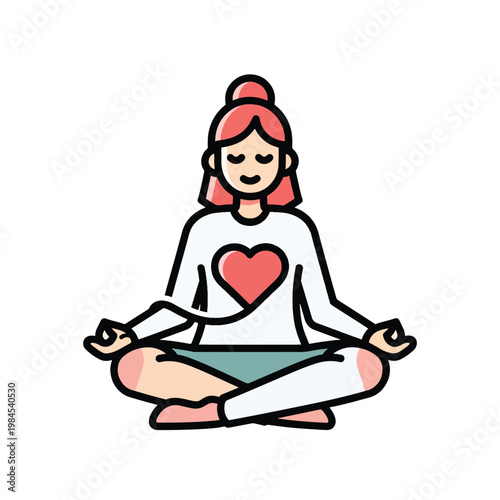 Woman practicing yoga and meditation with a heart icon.