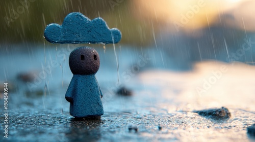 A small blue figure stands in the rain with a cloud above its head