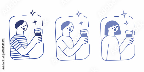 Three people raising glasses in celebratory line art illustrations