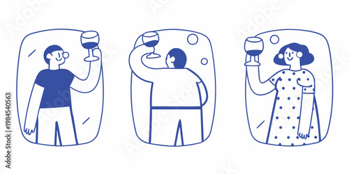 Three people raising wine glasses in individual blue outlined frames