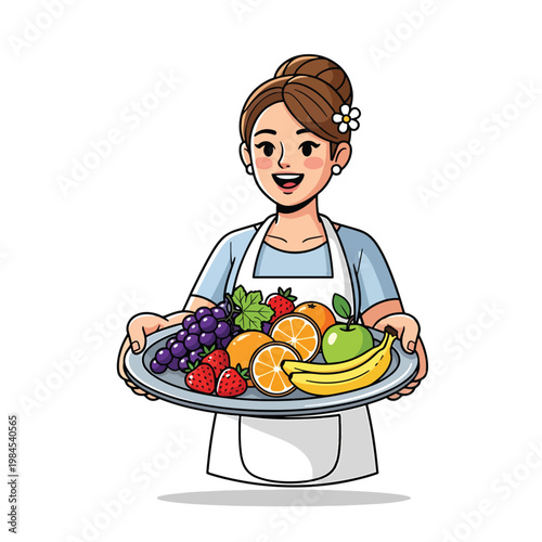 A friendly woman holding a tray of fresh mixed fruits.