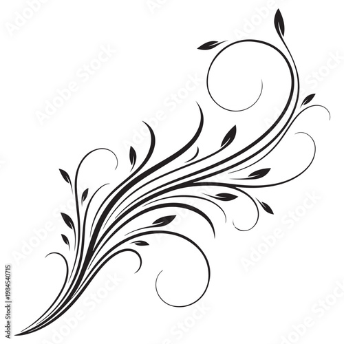 Elegant black floral swirl vector illustration with leaves and decorative curls for graphic design