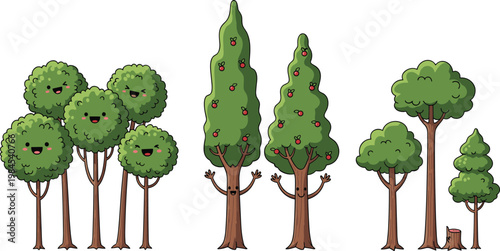 Cartoon tree vector set with cute forest characters, smiling trees, apple trees and various green foliage styles isolated illustration collection