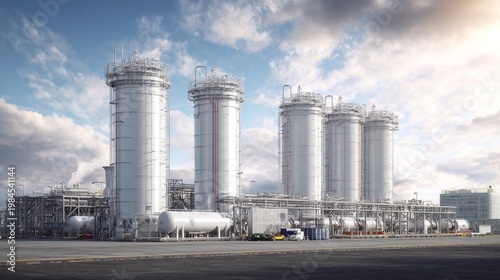 Embracing energy: towering tanks for a sustainable future. Blank background. Envisioning tomorrow's energy: lng tanks amidst a vibrant backdrop. Empty space. Clear focus.