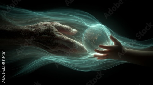 Nurturing tomorrow, one touch at a time. Fiber optics. Warm connection: shifting earth from old to young. Communication network. Data network.