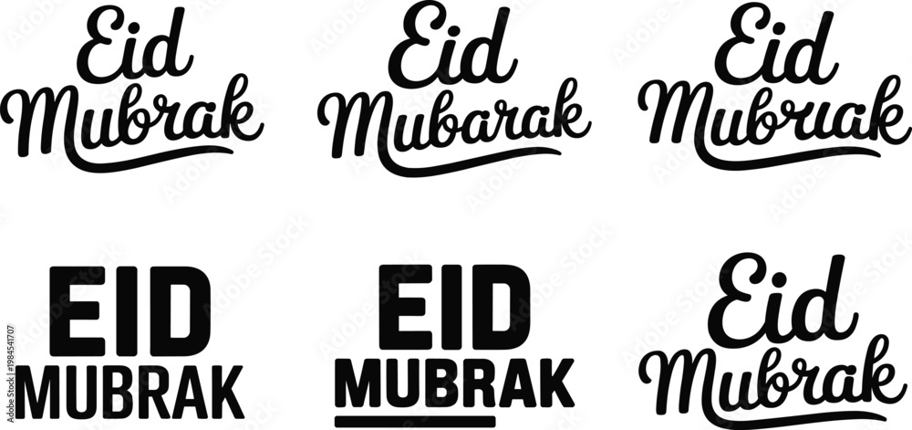 Obraz premium Eid Mubarak typography set with handwritten script and bold block lettering styles, black vector collection for Islamic festival greeting design