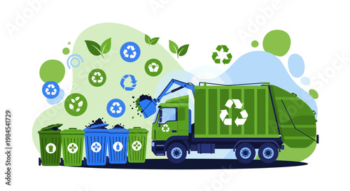 Green garbage truck collecting recycling bins with eco symbols.