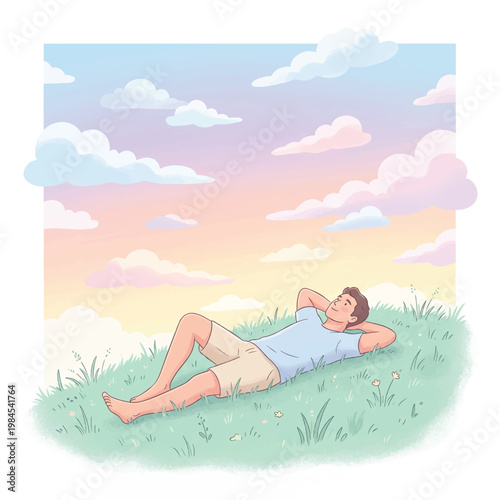 A man lies on his back in a field of green grass under a colorful sky with fluffy clouds at sunset.