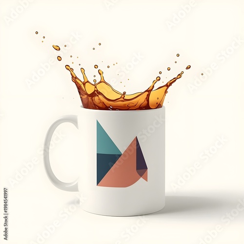 A white coffee mug with a geometric design and splashing coffee