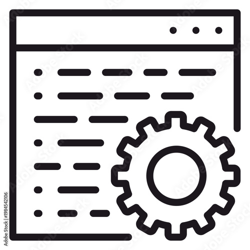 Vector icon of a web browser window with lines of code and a gear symbol, representing software development, programming, web engineering, system configuration, and technical optimization.