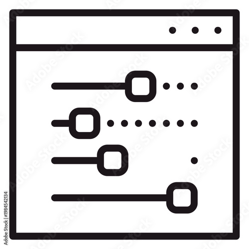 Minimalist black vector icon illustration of a web browser window with horizontal adjustment sliders or faders, representing software settings, configuration panel, and UI customization options.