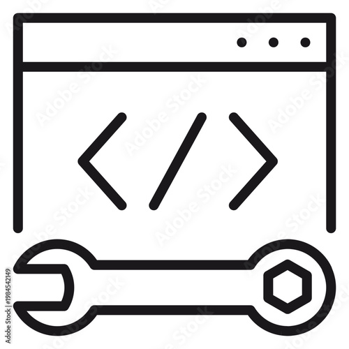 Web development vector icon featuring a browser window with coding brackets and a wrench symbol, representing website maintenance, software engineering, programming, and technical support services.