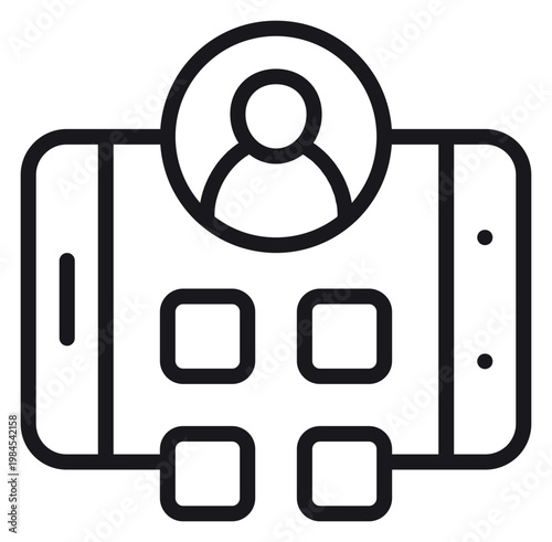Photos Black line vector icon of a smartphone with a user profile avatar and application icons on the screen, representing mobile app development, user interface design, and digital communication