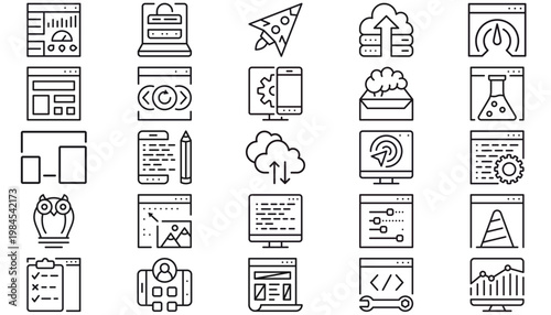 25 Web Development and Technology Vector Icon Set: Cloud Computing, SEO, Business Analytics, UI UX Design, Mobile App Development, Programming, Software Engineering, and Digital Marketing Symbols