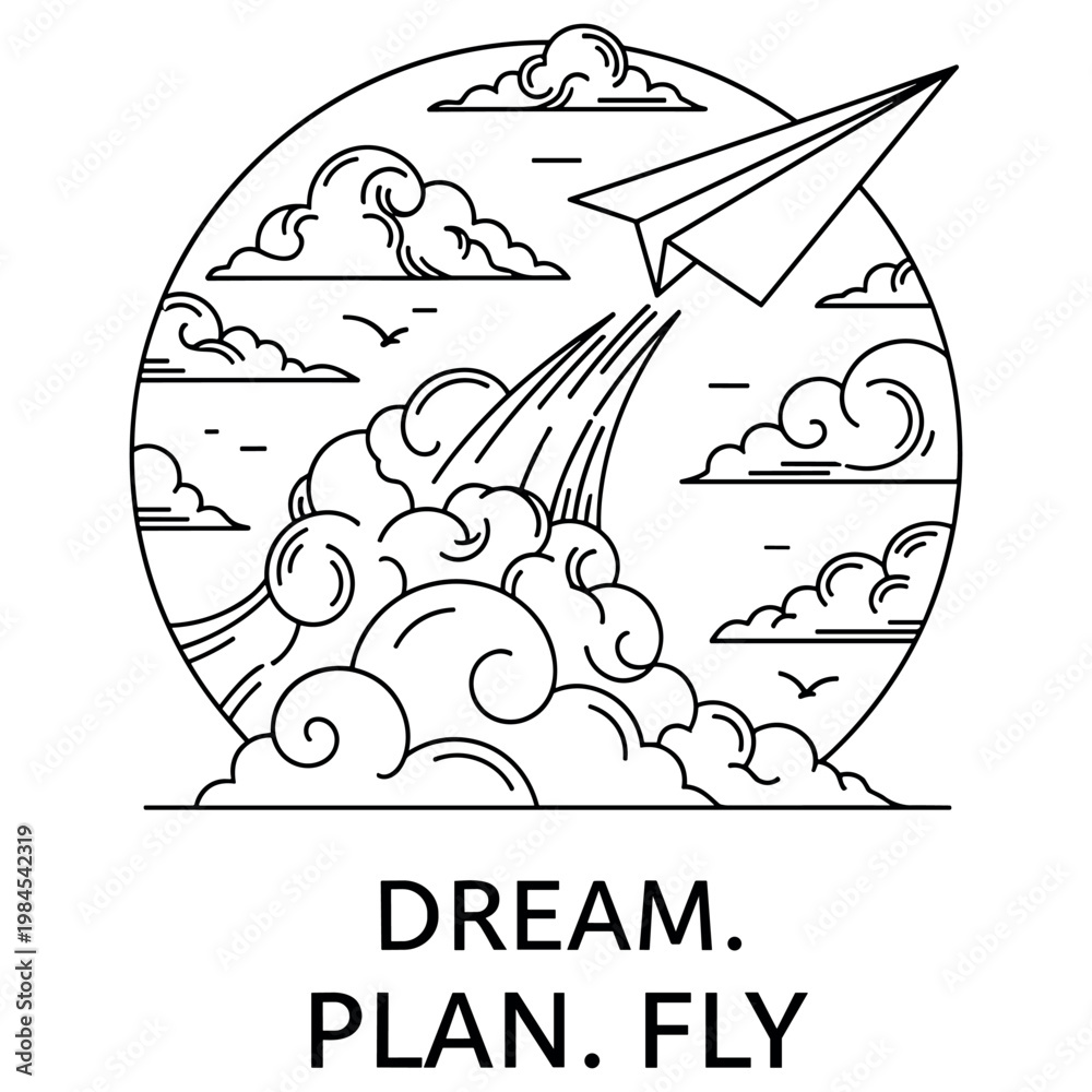 Obraz premium Paper airplane surrounded by clouds with inspirational message: dream plan fly