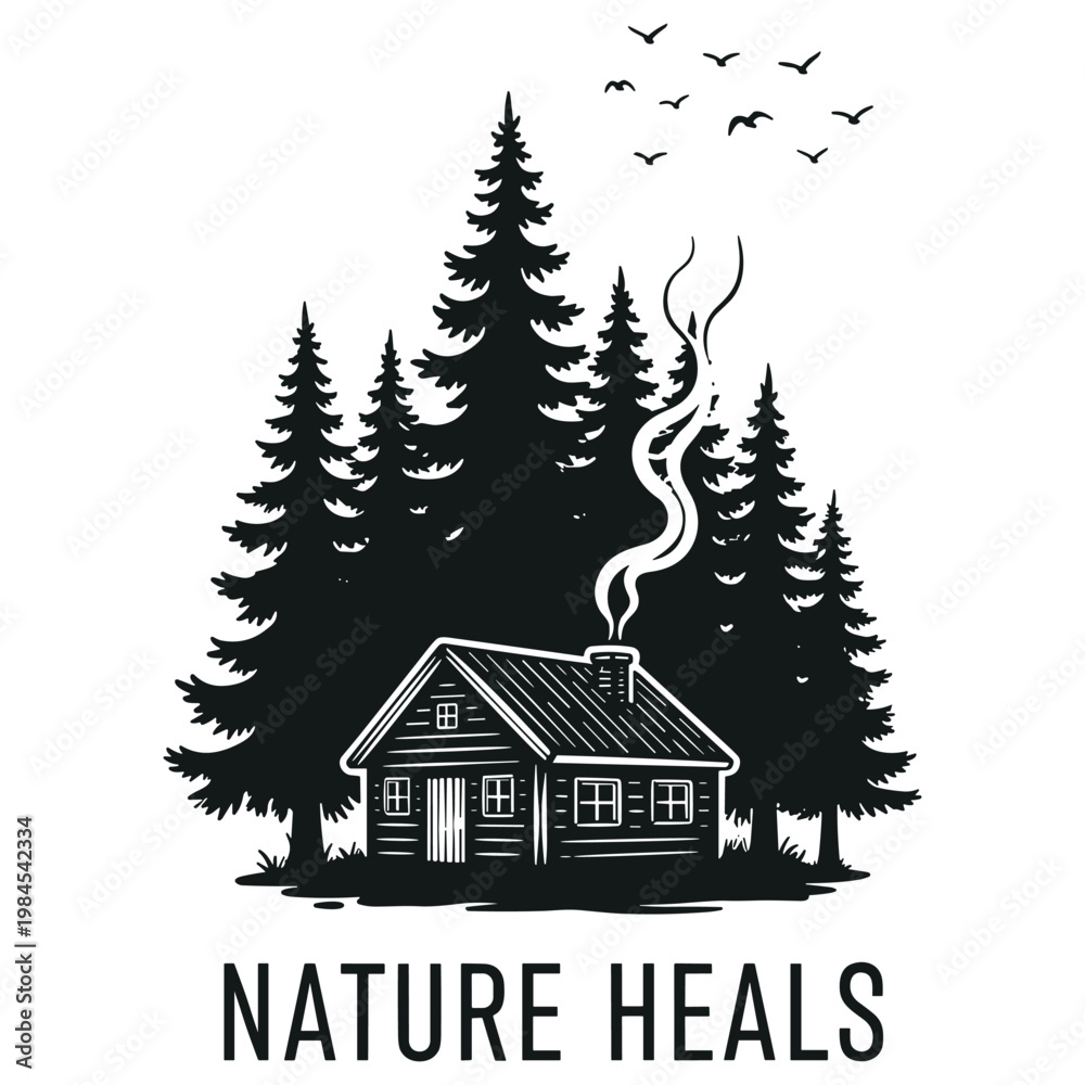 Obraz premium Cozy cabin among pine trees with birds in flight and nature heals message