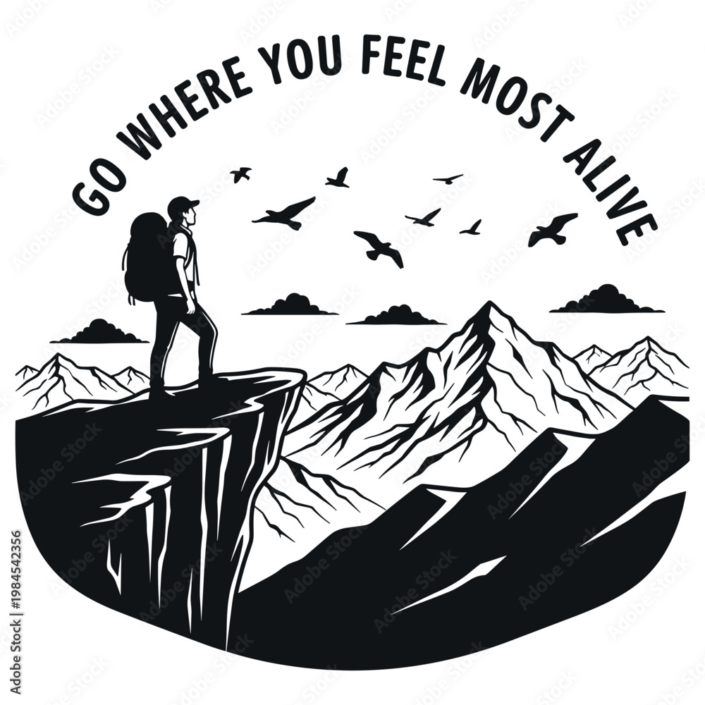 Obraz premium Female hiker standing on cliff overlooking mountains with inspirational quote