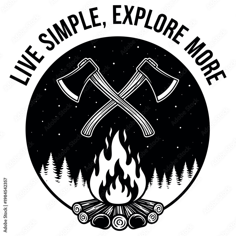 Obraz premium Live simple: explore more - axes and campfire emblem