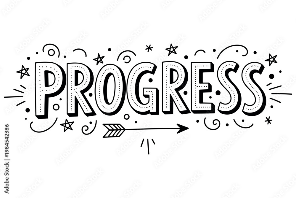 Obraz premium Hand-drawn progress sign with decorative stars and arrow in black and white