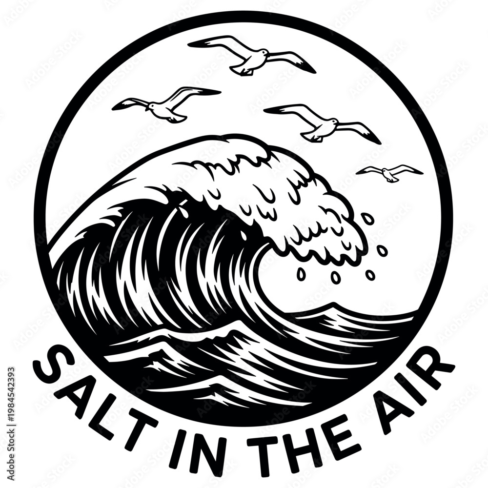 Obraz premium Ocean wave and seagulls emblem with text salt in the air