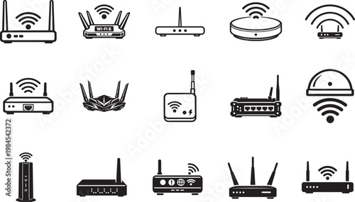 Router icon set with wifi signal line symbols, network device icons isolated, clean vector design.