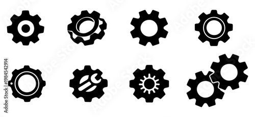Gear Silhouette Collection, Flat Black Mechanical Cog Icons Set Representing Engineering, Machinery, and System Functionality