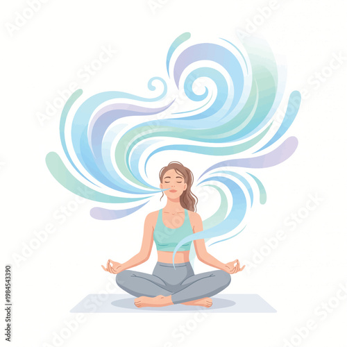 A serene woman meditates in lotus position with swirling blue and green lines rising from her head against a white background.