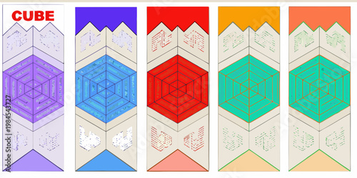 Colorful cube nets displayed in a row showcasing geometric patterns
