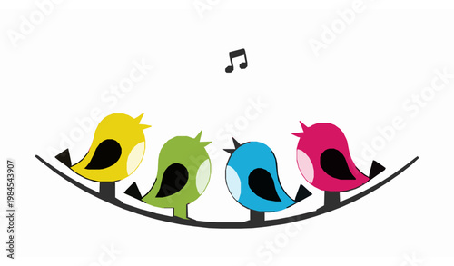 Colorful singing birds choir vector illustration with musical notes cute cartoon animal group design